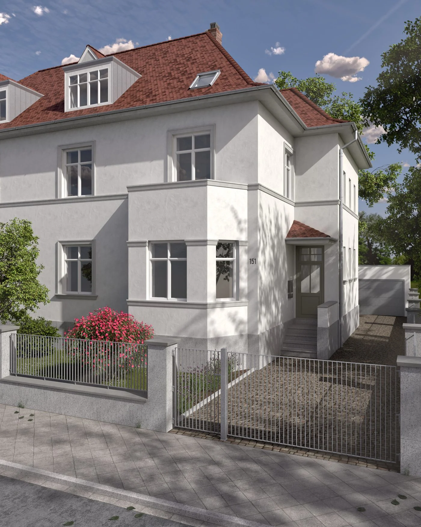 Sanierte Altbau-Doppelhaushälfte Haus 151 mit weißer Fassade und rotem Ziegeldach in Mannheim-Feudenheim