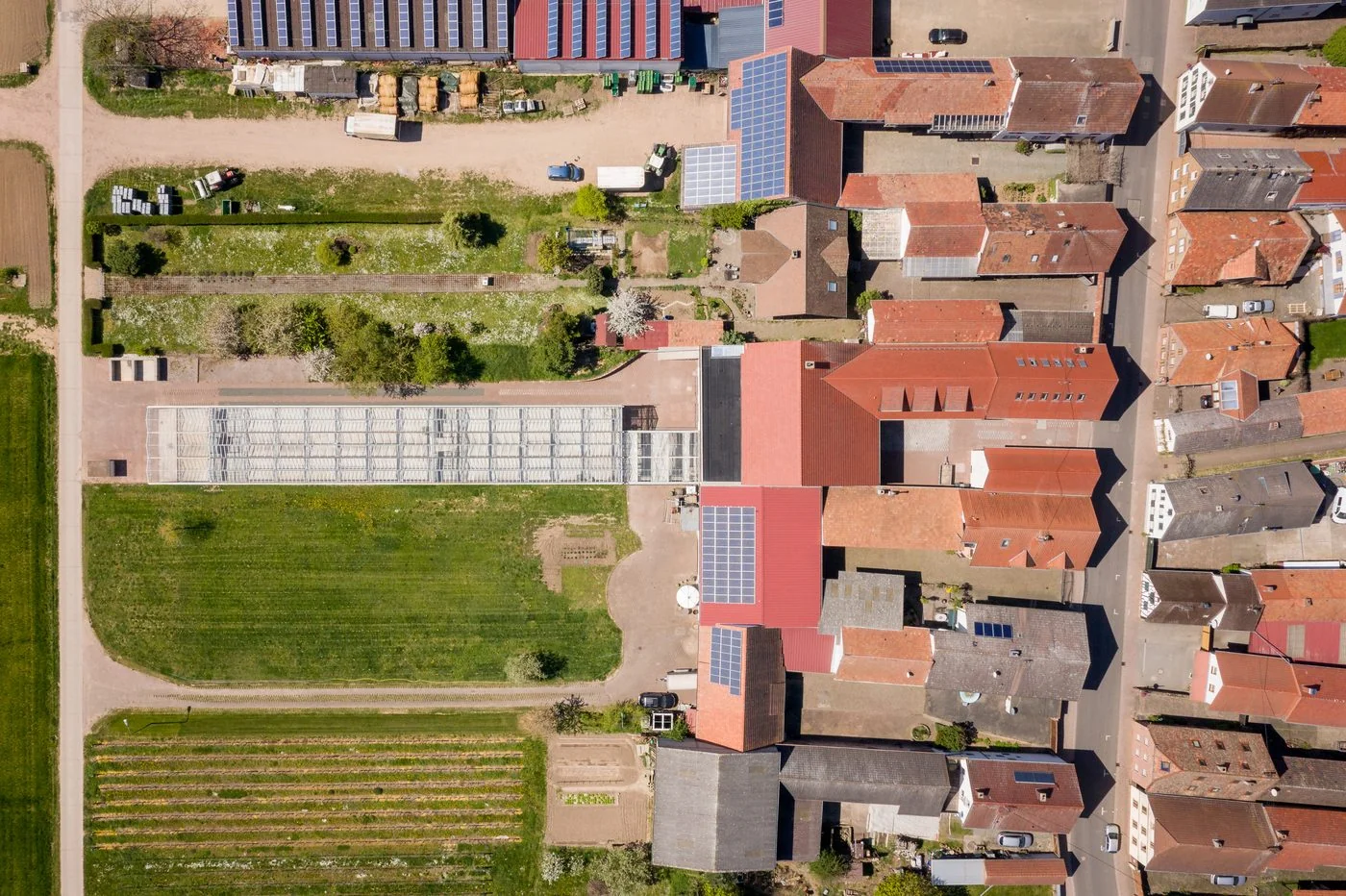 Vogelperspektive auf das Quartier Pfalz mit Dächern, Innenhof und angrenzender Weinbaulandschaft